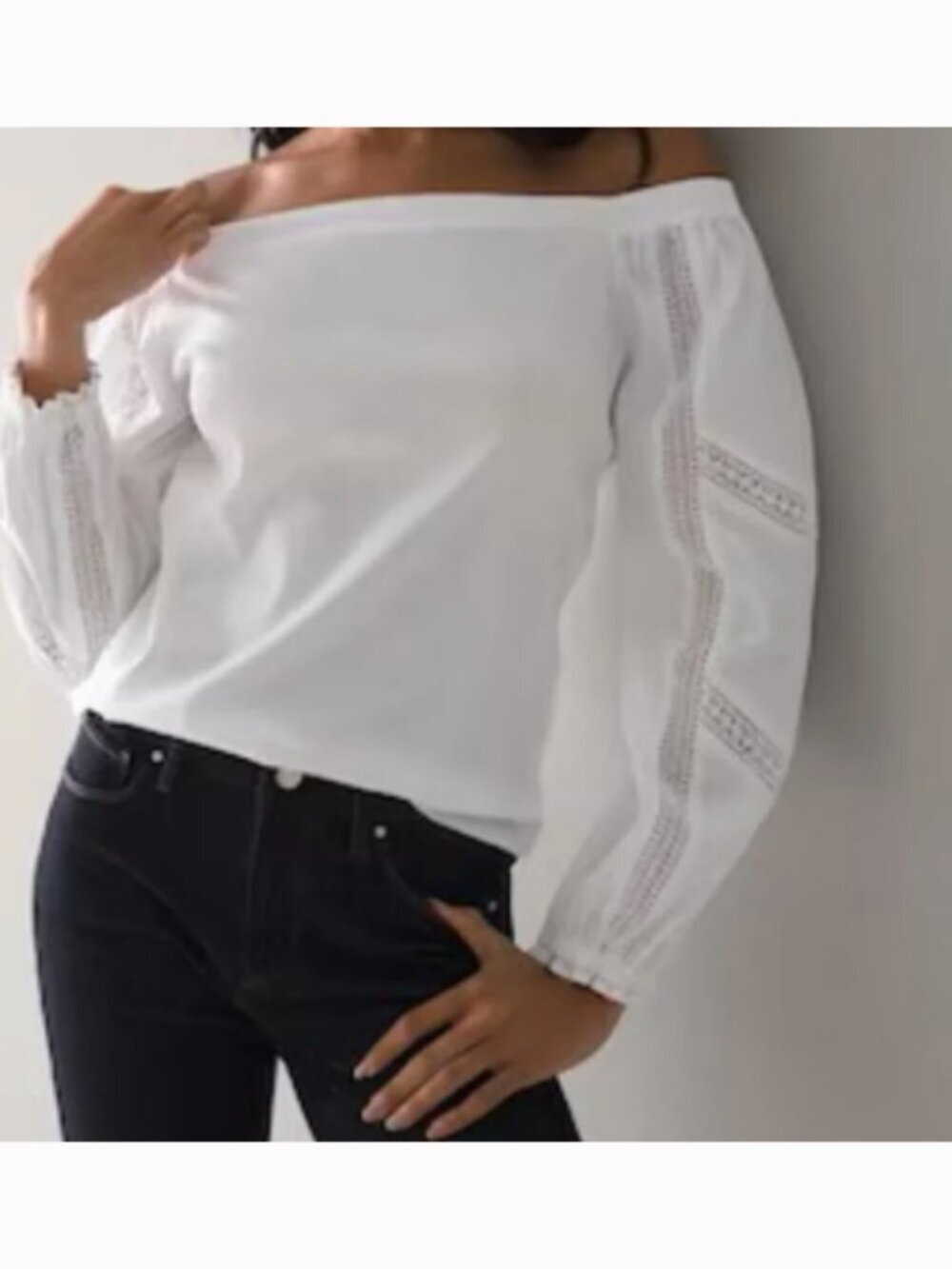 White House Black Market White Lace Inset Poplin Off Shoulder Size Small - Picture 3 of 12